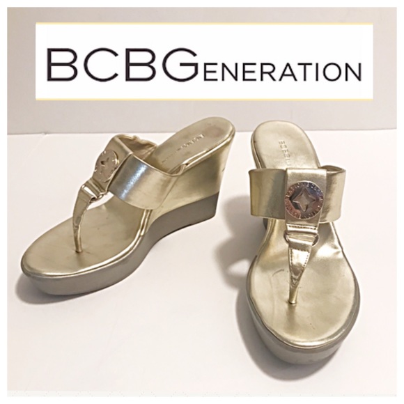 BCBGeneration Shoes - BCBGeneration, Gold Slip On Wedge Logo Sandals